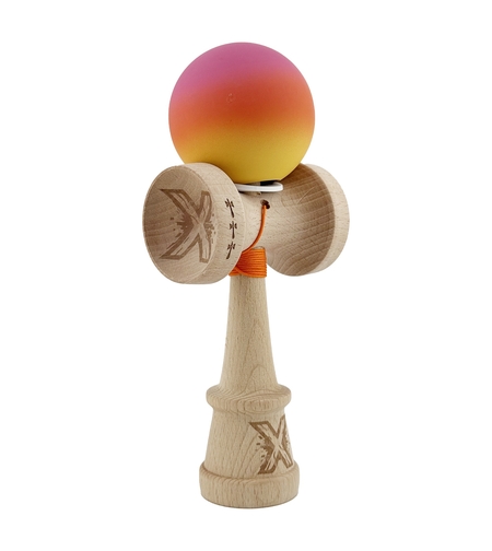 Kendama X Originala, Profesionala, Flippy, Cupe Mari KING SIZE V3, Rubber Grip, Gaura in Baza, Rulment Metalic, din lemn 18 cm, Ata 62/65 cm, Gradient Roz/Rosu/Galben