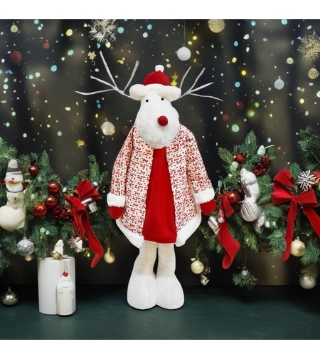 Figurina Decorativa, Pentru Craciun, Flippy, Ren, Picioare Telescopice, Inaltime Reglabila 42 - 80 cm, cu Haina, Alb/Rosu