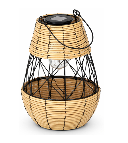 Felinar solar metalic decorativ pentru gradina, 32 cm, bej si negru