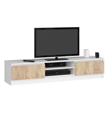Comoda TV cu 2 usi si rafturi centrale, PAL laminat, 160x40x33 cm, alb si stejar sonoma