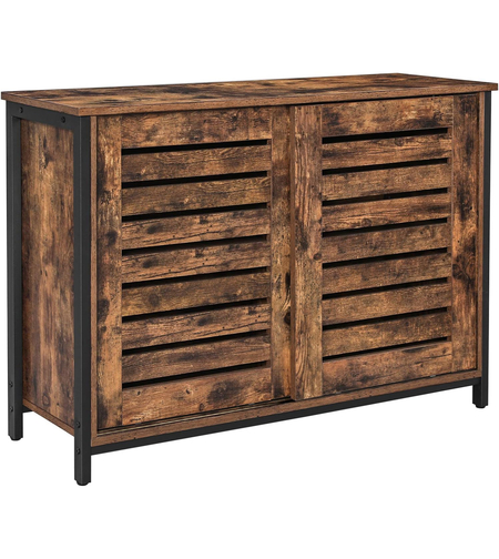 VASAGLE Comoda cu usi glisante pentru bucatarie sau living, cadru metalic, stil industrial, 100x35x70 cm, maro rustic