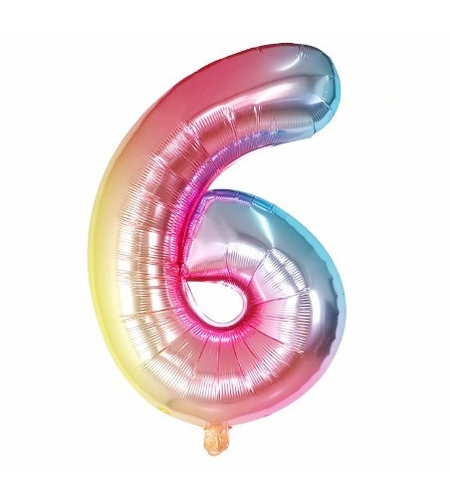Balon din Folie Metalizata Flippy, Figurina Cifra, Tema Aniversare 40 cm, Ambalaj Individual, Pai inclus, Umflare cu Aer sau Heliu, Multicolor, Cifra 6
