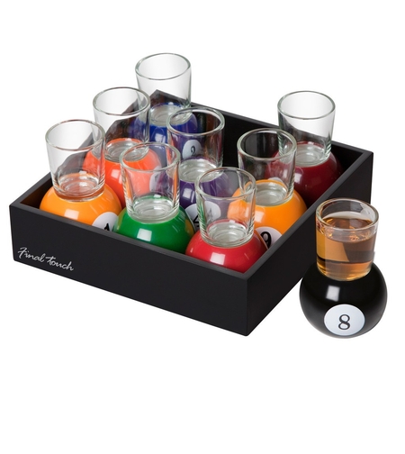 Set 9 pahare de shot Flippy, cu suport tip bila de biliard, detasabil, 30 ml, din sticla, 17 x 17 x 10 cm, multicolor