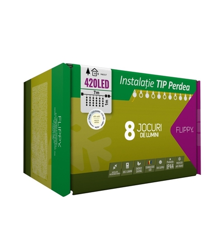 Instalatie Craciun, Tip Perdea, IP44, 7 m x 1 m, 420 LED-uri, Alb cald, 8 jocuri de lumini, Transformator, Interconectabila, Prelungitor 3 m inclus, Fir transparent, Interior/ Exterior, Vafy