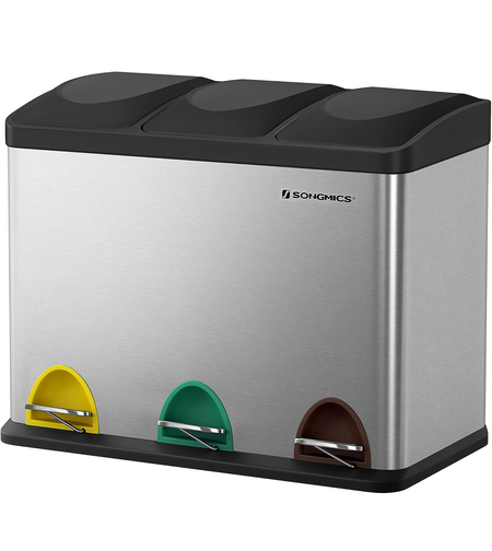 SONGMICS Cos de gunoi din inox cu 3 compartimente colectare selectiva, cu galeti interioare, 3x15litri, argintiu si negru
