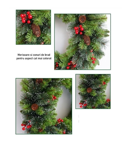 Coronita pentru Craciun Flippy, 60 cm, din brad artificial, decorata cu conuri si merisoare, Verde