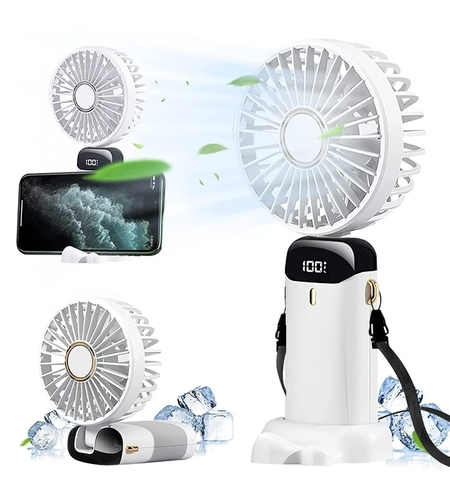 Ventilator Ultra Portabil cu Aromaterapie, Vafy, 3 in 1, de Mana, de Birou, de Gat, 5 Trepte de Viteza, Incarcare USB, Autonomie 12h, Pliabil, cu Ecran LCD, Alb