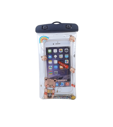 Husa subacvatica Glitter Kids Waterproof Flippy, Snowproof, Universala, cu Snur, pentru telefon sau documente, Lucky Bear, Negru