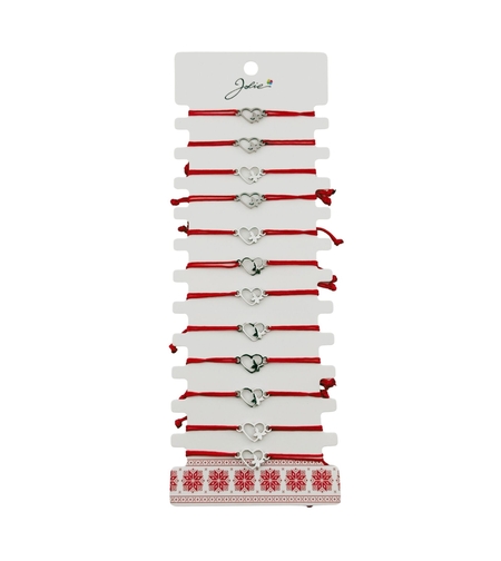 Bratara Martisor pentru Dama, Jolie, Model Inima cu Fluture, Set 12 bucati, Pandativ Argintiu din Inox cu Snur Rosu Ajustabil