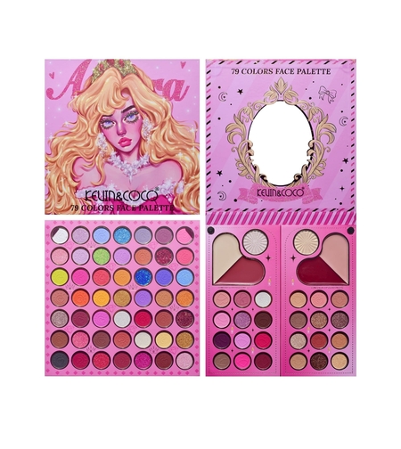 Trusa de Machiaj, KEVIN & COCO, Princess Palette. Fard de Pleoape, Iluminator, Corector, Ruj, 79 culori, 19.7 x 20 x 2 cm