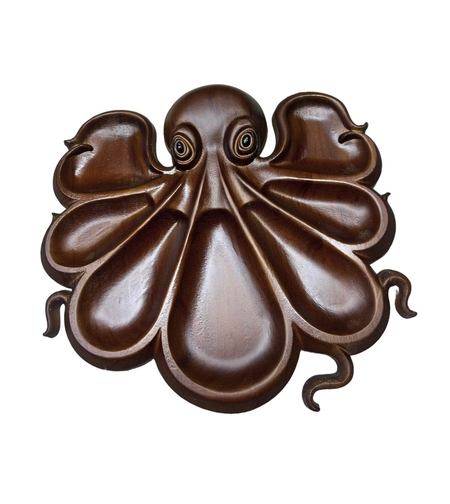 Platou pentru Servire, Vafy, in Forma de Caracatita, 8 Compartimente pentru Mezeluri Branzeturi Snacksuri, Design Artistic, din Lemn Masiv, 26 x 25 x 3 cm, Maro inchis