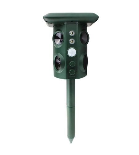 Aparat Solar LED cu Ultrasunete, Flippy, Repelent pentru Animale Mari si Mici, Lumina Rosie si Alba, Anti Rozatoare, Anti Insecte, Frecventa 13.5KHZ-45.5KHZ, Senzor PIR, 15.5 x 15.4 x 26.2 cm, Verde