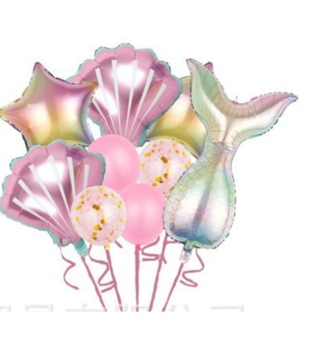 Set baloane aniversare pentru fetita, set din 9 baloane, Flippy, Tematica Sirene, 5 Baloane Folie, 4 baloane latex, Roz metalizat