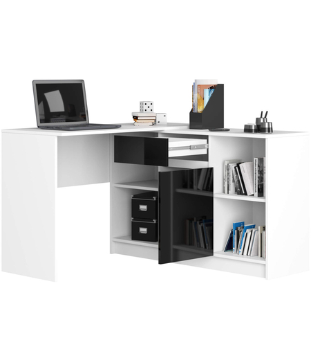 Birou de colt cu sertar, usa si 6 rafturi, fronturi MDF lucios, 120x126x79 cm, alb si negru lucios