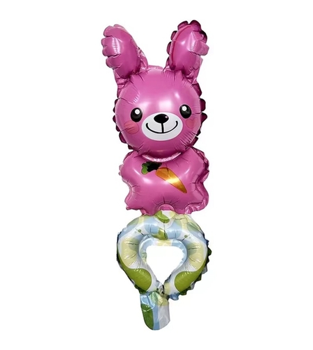 Balon din Folie Metalizata, Vafy, Figurine Animalute, Tip Bratara, Model Iepuras, Ambalaj Individual, Pai Inclus, Umflare cu Aer sau Heliu, Roz