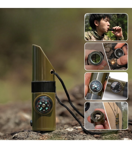 Kit supravieturie Flippy, Fluier multifunctional 7 in 1, pentru drumetii, hiking, lupa, fluier, termometru, depozitare pastile, busola, din material ABS, cu snur, 9,7 x 2,8 cm, verde