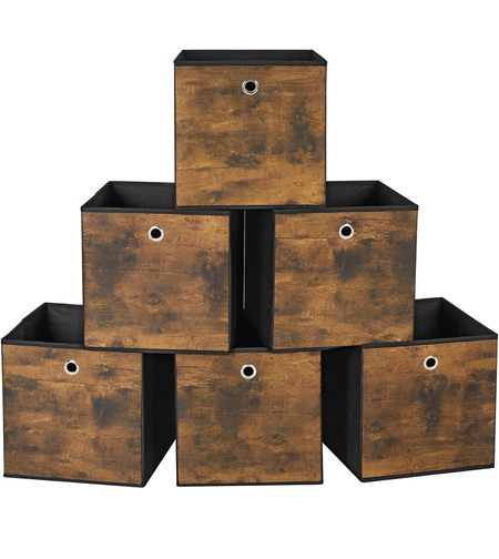 SONGMICS Set 6 cutii de depozitare, pliabile cu maner, material textil si oxford, 30x30x30 cm, maro rustic