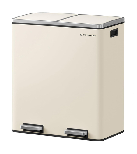 SONGMICS Cos de gunoi dublu colectare selectiva, 2x30L, cu pedale si capac soft close, galeata interioara, otel, 62x59x36 cm, crem