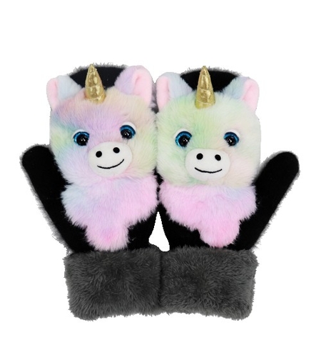 Manusi pentru Copii, Vafy, din Plus cu Umplutura de Bumbac, Protectie Termica, 24 x 20 x 3 cm, Model Unicorn 3D, Roz/Negru