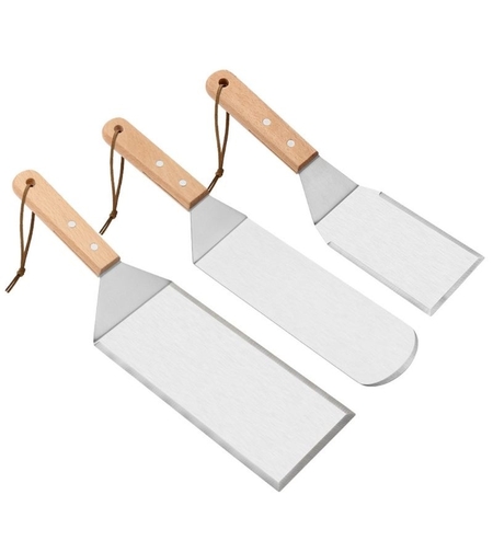 Set 3 spatule pentru gratar Flippy, din metal, margini subtiri, suprafata antiaderenta, rezistente la temperaturi ridicate, maner ergonomic din lemn, 3 forme, agatatoare, gri