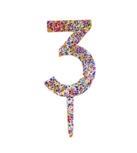 Decoratiune Topper pentru Tort, Flippy, din Acrilic cu Fulgi de Sclipici, Model Cifra 3, Inaltime 18.5 cm, Transparent Multicolor