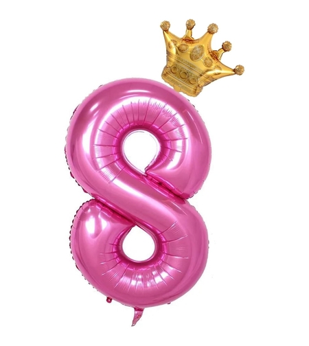 Balon din Folie Metalizata Flippy, Figurina Cifra si Coroana, Tema Aniversare 100 cm, Ambalaj Individual, Pai inclus, Umflare cu Aer sau Heliu, Roz, Cifra 8