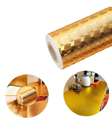 Autocolant de Bucatarie, Flippy, Autoadeziv, Impermeabil, Rezistent la Temperaturi Ridicate, din PVC, 60 x 100 cm, Model Cub 3D, Auriu