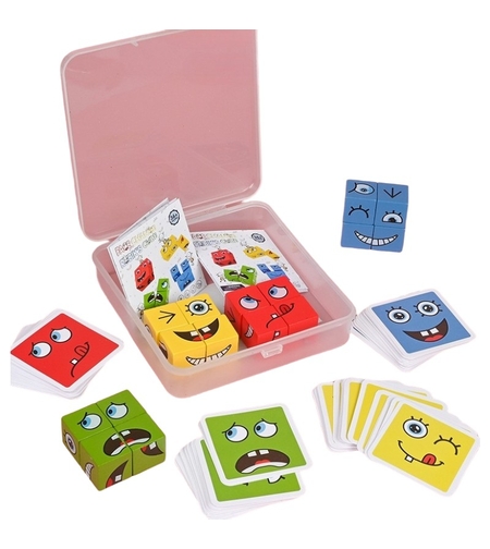 Jucarie Pentru Copii Montessori Flippy, Cub din Lemn, Asamblare Fete, 64 de Carti Distractive, pentru Baieti si Fete, Varsta +3 ani, Educativ, Ambalaj din plastic, 12 x 12 x 3 cm, multicolor