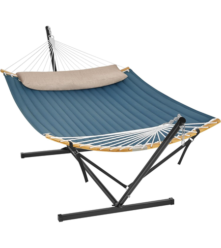 SONGMICS Hamac cu suport metalic, cu suprafata captusita, reglabil, include perna, 200 kg, 400x100x90 cm, albastru