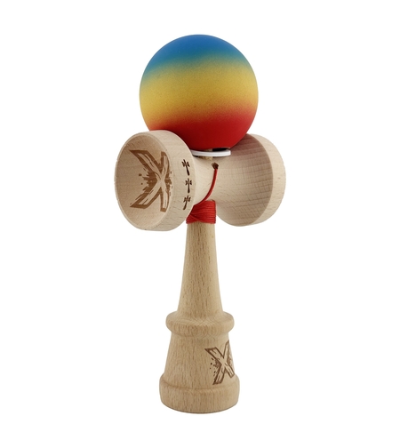 Kendama X Originala, Profesionala, Flippy, Cupe Mari KING SIZE V3, Rubber Grip, Gaura in Baza, Rulment Metalic, din lemn 18 cm, Ata 62/65 cm, Gradient Albastru/Galben/Rosu