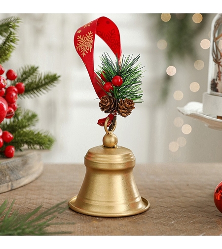 Clopot decorativ pentru Brad Craciun, Flippy, Clopot din Metal cu Funda si Crenguta de Brad pentru Decoratiune de Craciun, 10 x 8 x 8 cm, Auriu