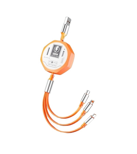 Cablu Retractabil 3in 1 pentru Telefon, Flippy, Cablu de incarcare rapida 100W, stil Mecha, potrivit pentru Auto, Universal 1.2M, Portocaliu