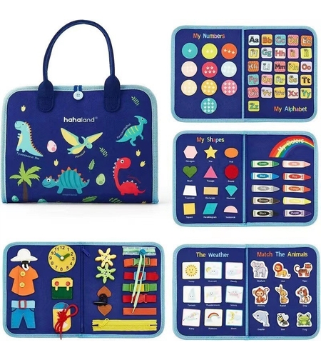 Carte Senzoriala Educativa Montessori, Flippy, Dezvoltare Abilitati Motorii, 5 Pagini, Model Dinozauri, 28x22x7 cm, Albastru