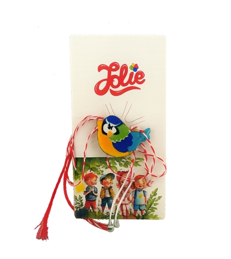 Martisor Brosa pentru Copii, Jolie, Model Pasare, din Metal, 2 x 2 cm, Snur Alb/Rosu, Multicolor