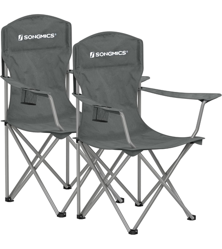 SONGMICS Set 2 scaune pliabile camping cu suport bauturi, husa transport, 150 kg, 54x86x97 cm, gri