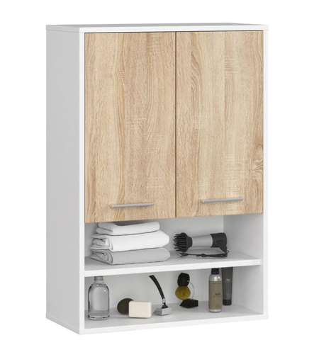 Dulap baie suspendat, cu 2 usi si 2 rafturi deschise, PAL 16 mm, 64x30x94 cm, alb si stejar sonoma