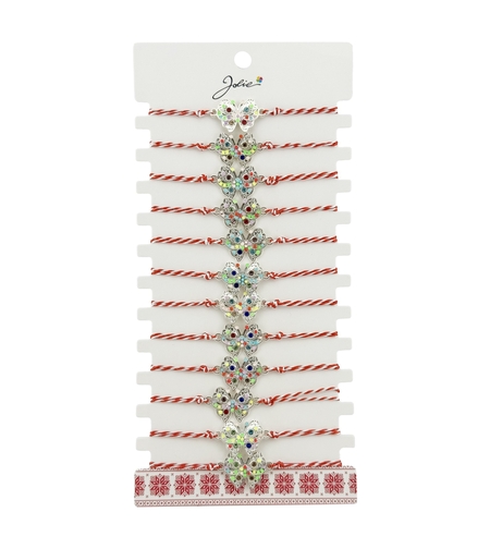 Bratara Martisor pentru Dama, Jolie, Model Fluture Multicolor, Set 12 bucati, Pandativ Argintiu din Inox cu Elemente Multicolore, Snur Alb/Rosu