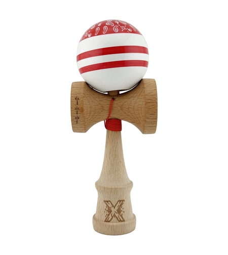 Kendama X CHICANOS Originala, Profesionala, Flippy, Big Cups V2, Super Sticky cu Cupe Mari, Rulment Metalic, din lemn 18 cm, Ata 55 cm, Rosu/Alb