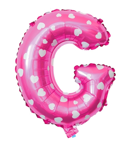 Balon Folie Metalizata Litera G, Flippy, 40 cm, Cu Imprimeu Inimioare, Umflati cu Heliu sau Aer, Ambalaj Individual, Pai inclus, Roz
