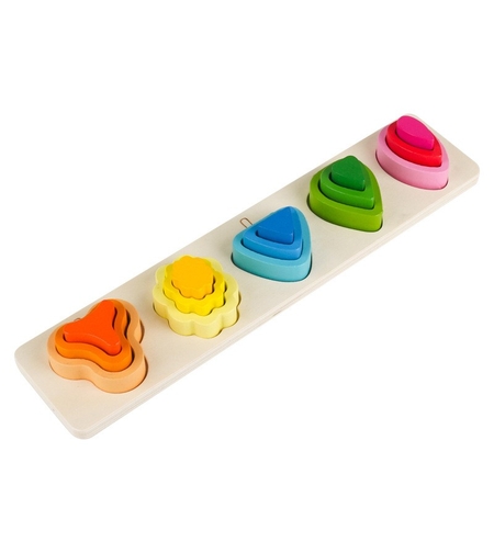 Jucarie Montessori din Lemn, Flippy, Tip Puzzle, cu 5 Forme Asimetrice, 15 Piese, Educativa, Interactiva, Creativa, Model Copaci, Materiale Non Toxice, +2 Ani, 29x6.5 cm, Multicolor