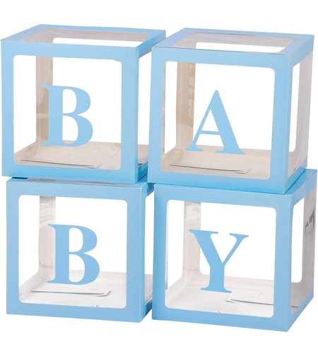 Set 4 Cutii pentru Baloane, Flippy, Model Scris Baby, Tematica Iubire, Cuburi Decorative din Plastic, Accesorii pentru Petrecere, 30 x30 cm, Transparente Contur Albastru