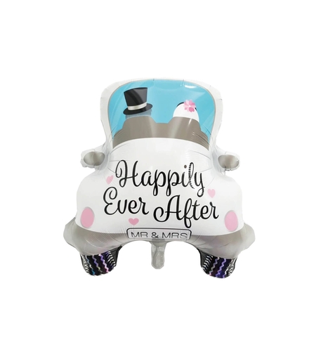 Balon din Folie Metalizata, Flippy, Figurina Masina, Model Nunta Happily Ever After, Tema Nunta, 60 x 63 cm, Ambalaj Individual, Pai Inclus, Umflare cu Aer sau Heliu, Alb