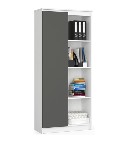 Dulap cu usa si 8 etajere, PAL laminat 16 mm, 80x35x180 cm, alb si gri