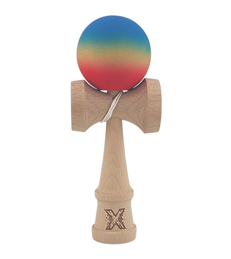 Kendama X Originala, Profesionala, Flippy, din Lemn, Rubber Grip, 18 cm, Gradient Albastru/Galben/Rosu