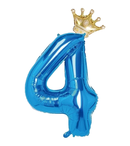 Balon din Folie Metalizata Flippy, Figurina Cifra si Coroana, Tema Aniversare 100 cm, Ambalaj Individual, Pai inclus, Umflare cu Aer sau Heliu, Albastru, Cifra 4