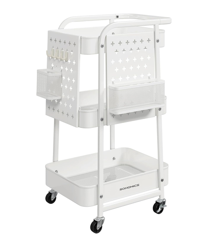 SONGMICS Raft de depozitare mobil tip carucior rulant, pentru baie sau bucatarie, cadru otel, 32x43x74 cm, alb