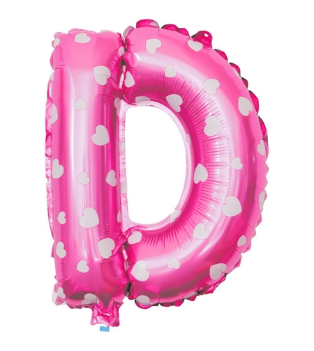 Balon Folie Metalizata Litera D, Flippy, 40 cm, Cu Imprimeu Inimioare, Umflati cu Heliu sau Aer, Ambalaj Individual, Pai inclus, Roz