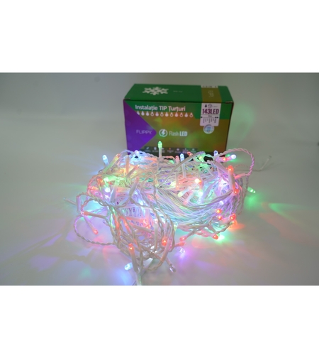 Instalatie de Craciun Flippy® Tip Turturi, Franjuri cu Flash, Sectiune 5 m, 143 LED-uri, Interconectabila, Fir Alb, RB-RG