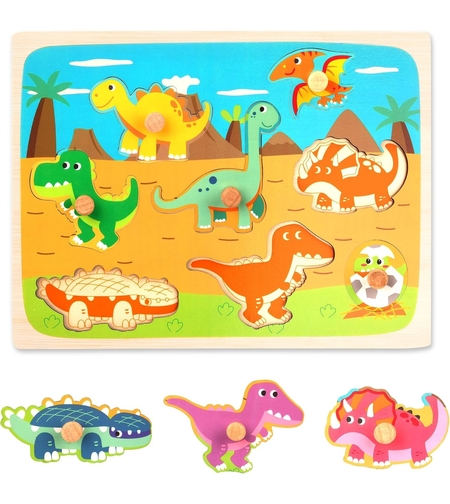 Puzzle Montessori din Lemn pentru Copii, Flippy, 3D, 0-3 Ani, Model Dinozauri, Educativ, Intuitiv, Creativ, 8 Piese, 30x22.5x0.8 cm, Multicolor