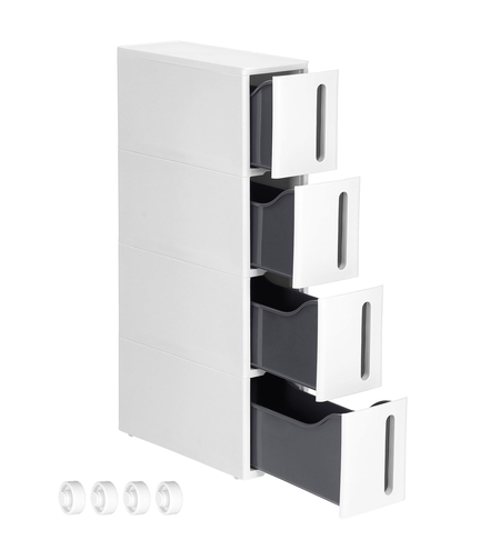 SONGMICS Etajera ingusta cu roti, pentru baie sau bucatarie, cu 4 sertare, 45x17x84 cm, alb